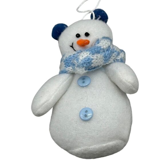 Christmas plush snowman tree ornament knit scarf button blue white 4.25" READ - Picture 1 of 4
